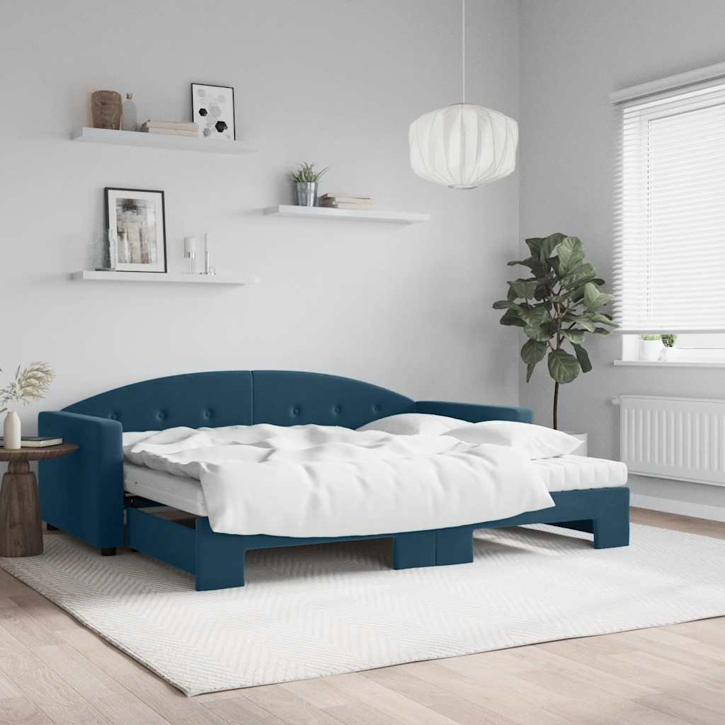 daybed med udtræk og madras 90x200 cm velour blå
