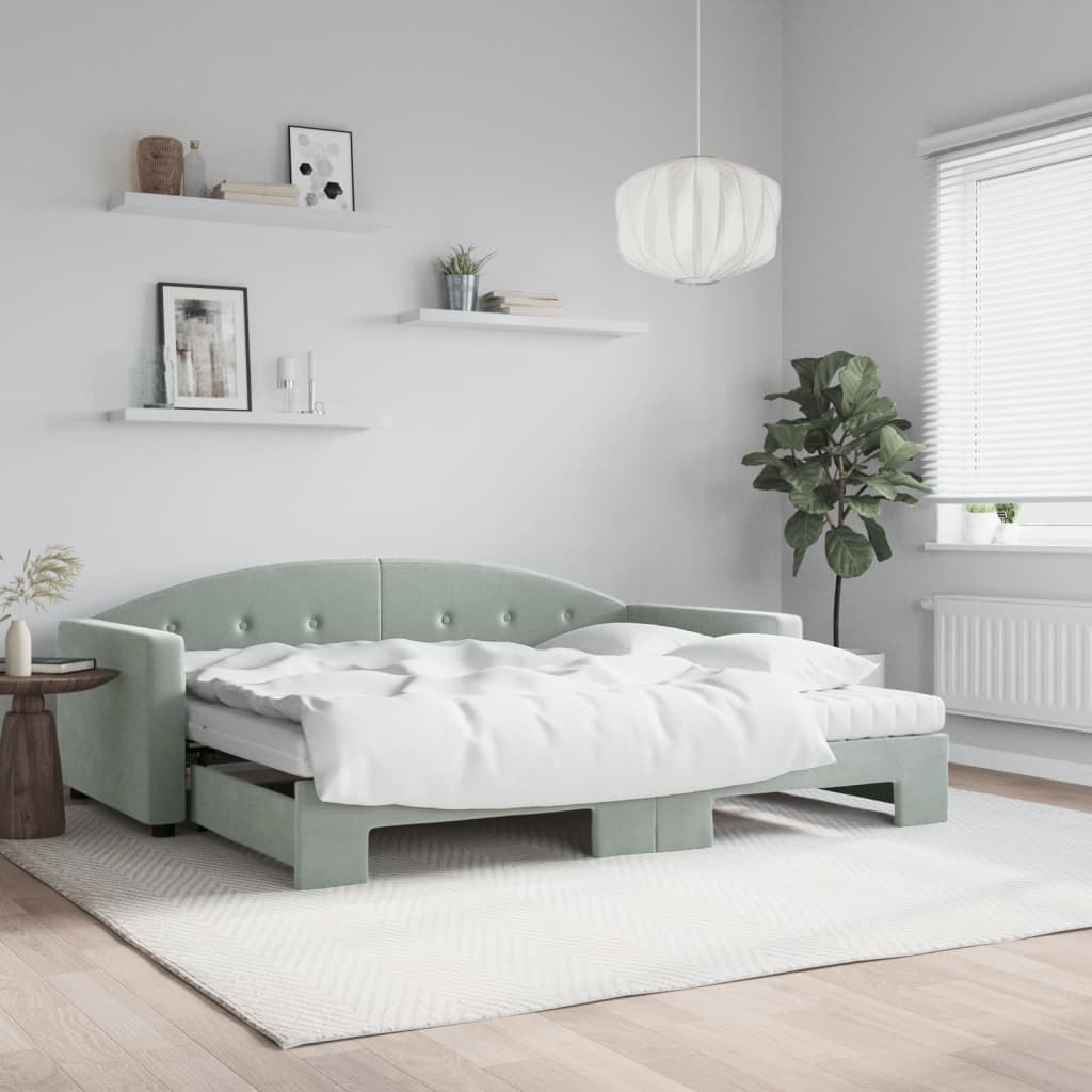 daybed med udtræk og madras 90x200 cm velour lysegrå