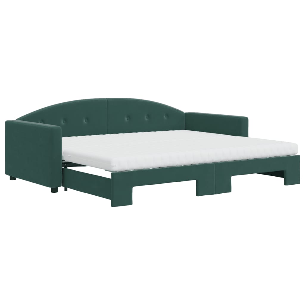 daybed med udtræk og madras 90x200 cm velour mørkegrøn