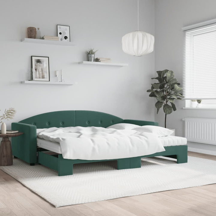 daybed med udtræk og madras 90x200 cm velour mørkegrøn