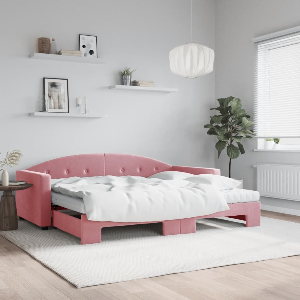 daybed med udtræk og madras 90x200 cm velour lyserød