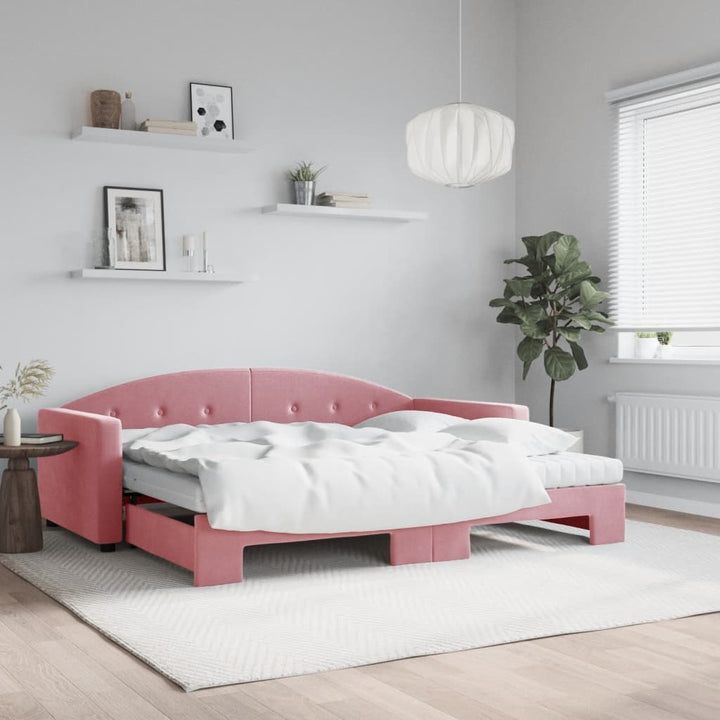 daybed med udtræk og madras 90x200 cm velour lyserød