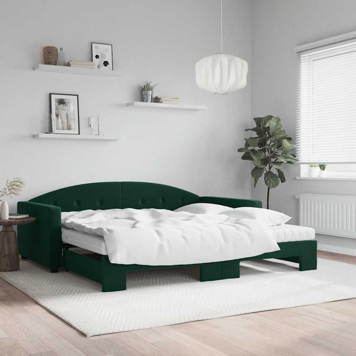 daybed med udtræk og madras 100x200 cm velour mørkegrøn