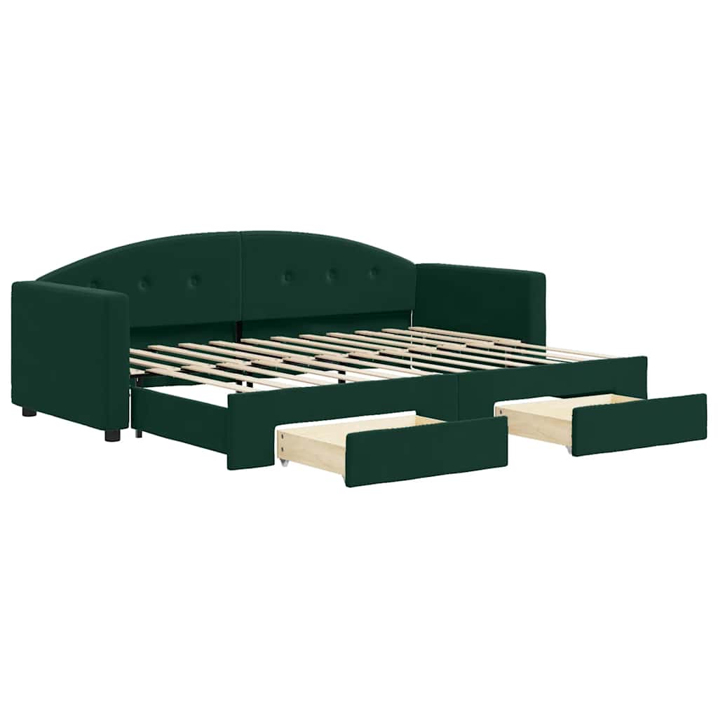 daybed med udtræk og skuffer 80x200 cm velour mørkegrøn