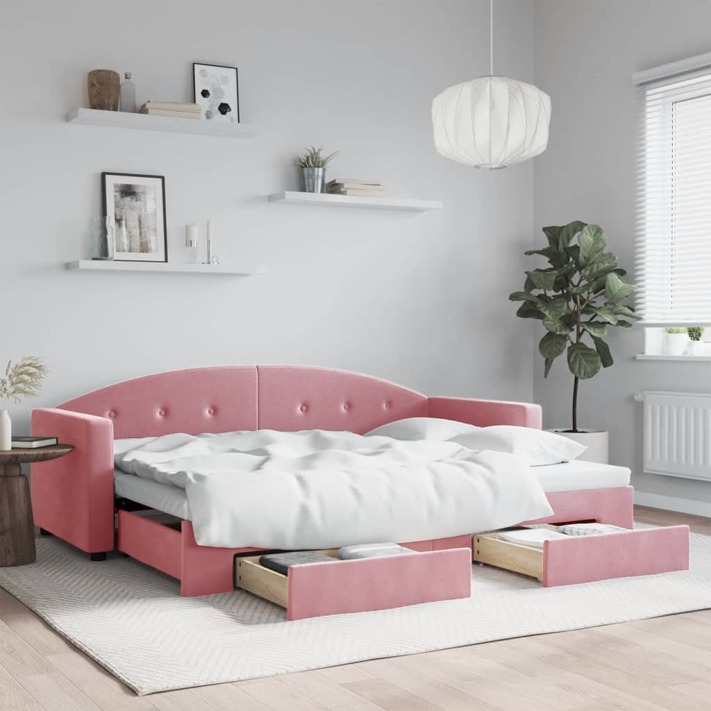 daybed med udtræk og skuffer 80x200 cm velour lyserød