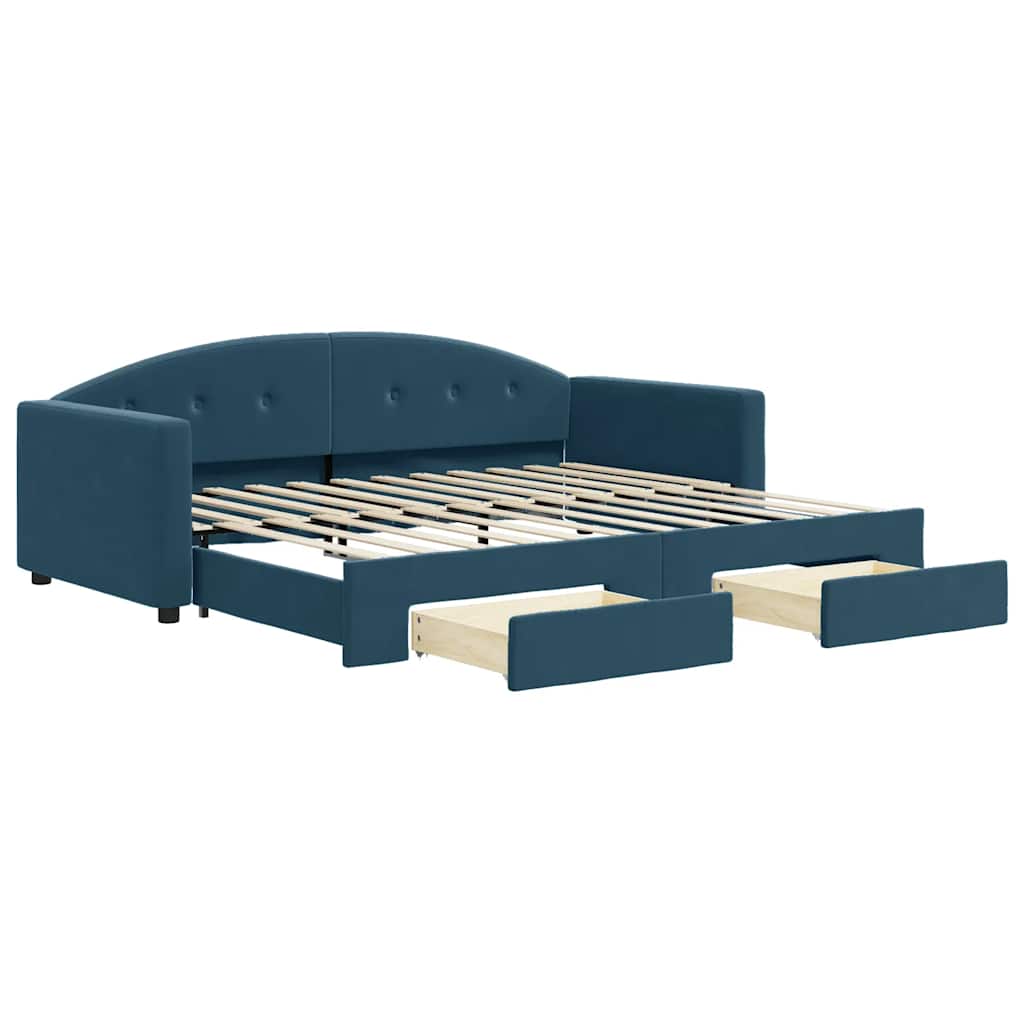 daybed med udtræk og skuffer 90x200 cm velour blå