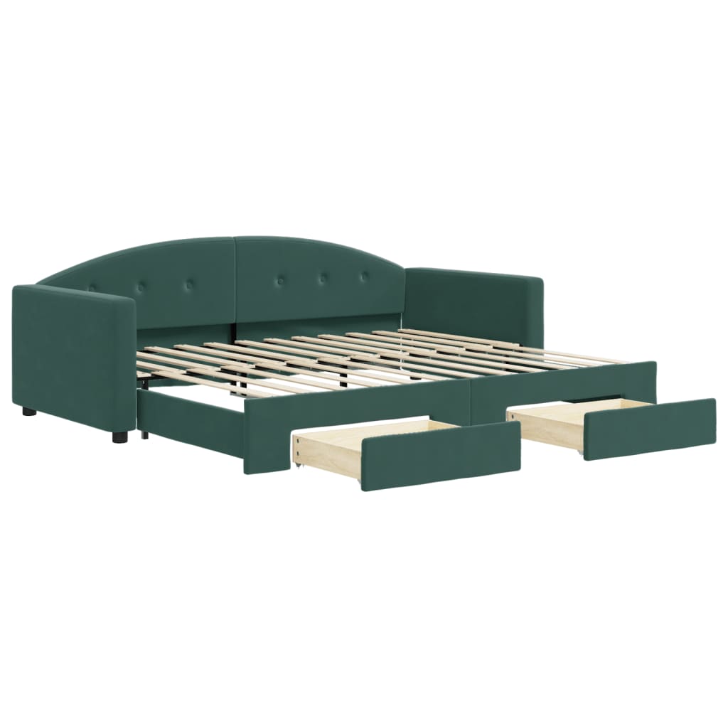 daybed med udtræk og skuffer 90x200 cm velour mørkegrøn