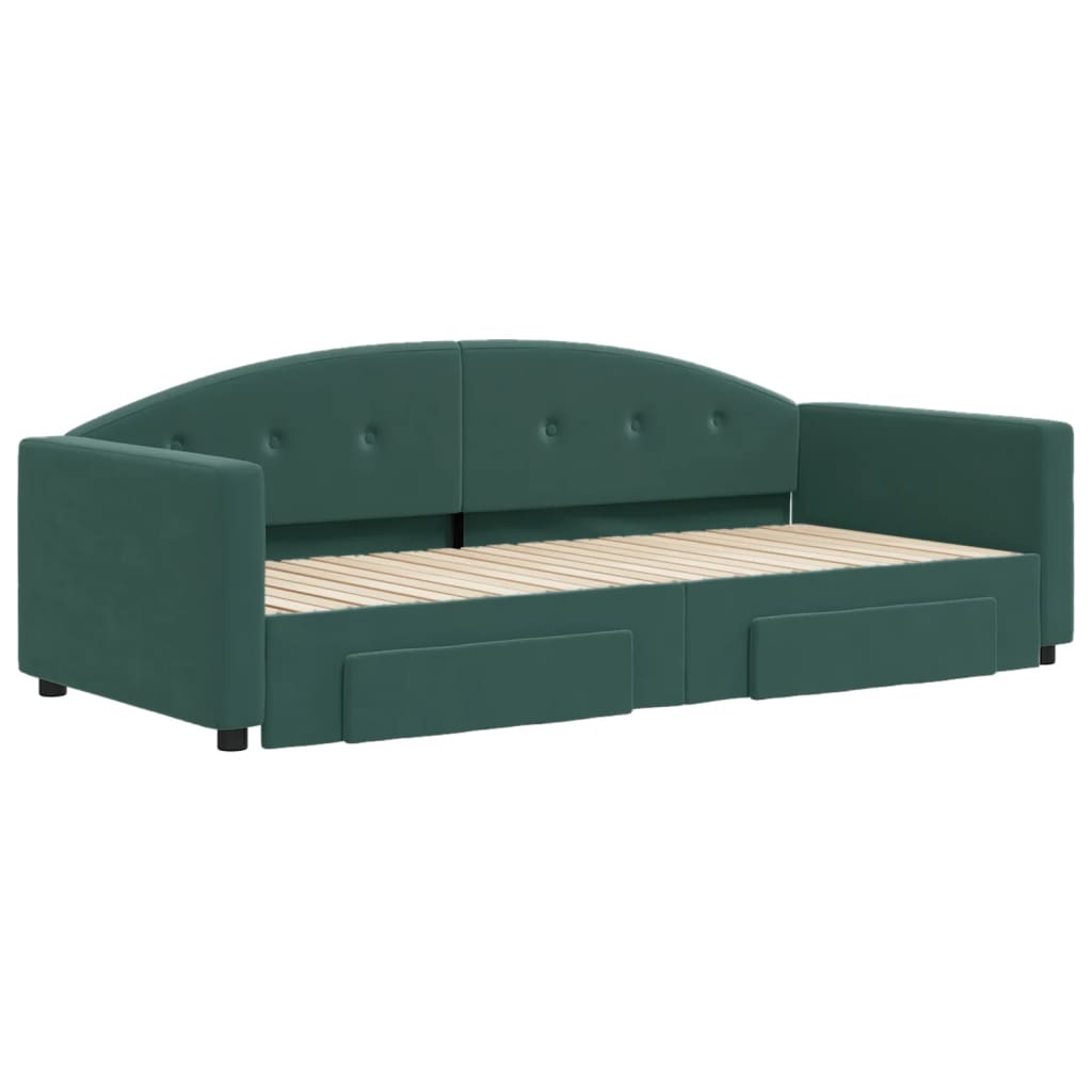 daybed med udtræk og skuffer 90x200 cm velour mørkegrøn
