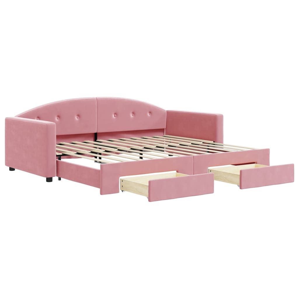 daybed med udtræk og skuffer 90x200 cm velour lyserød