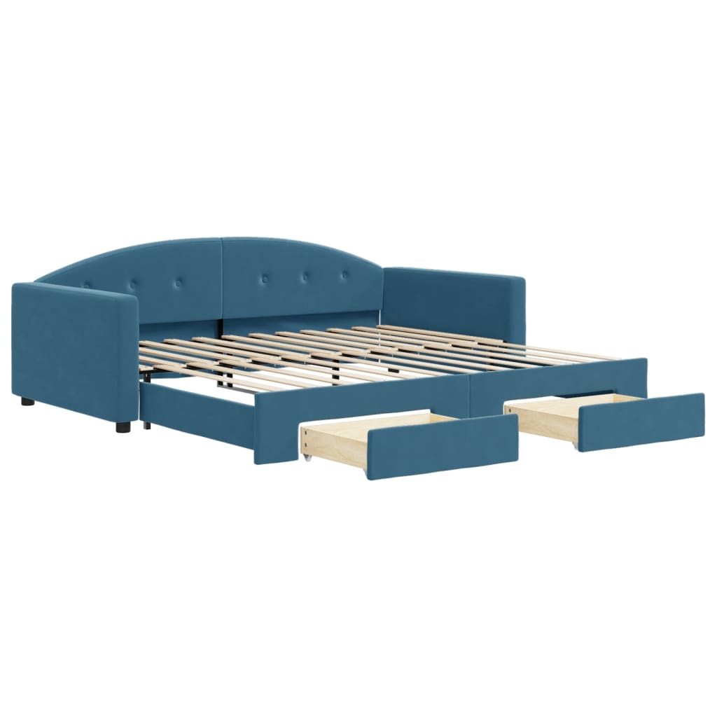 daybed med udtræk og skuffer 100x200 cm velour blå