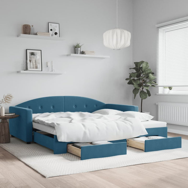 daybed med udtræk og skuffer 100x200 cm velour blå