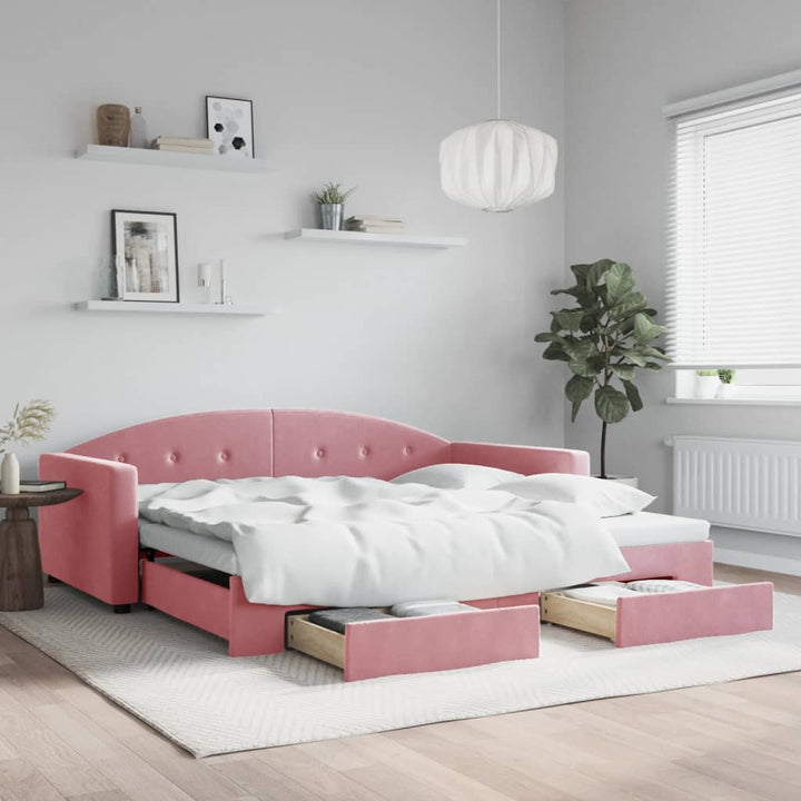 daybed med udtræk og skuffer 100x200 cm velour lyserød