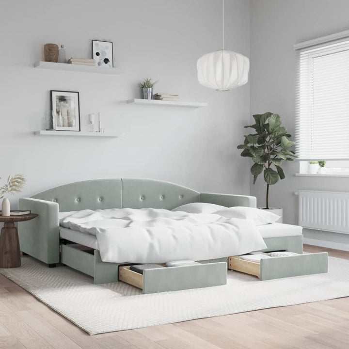 daybed med udtræk og skuffer 90x190 cm velour lysegrå