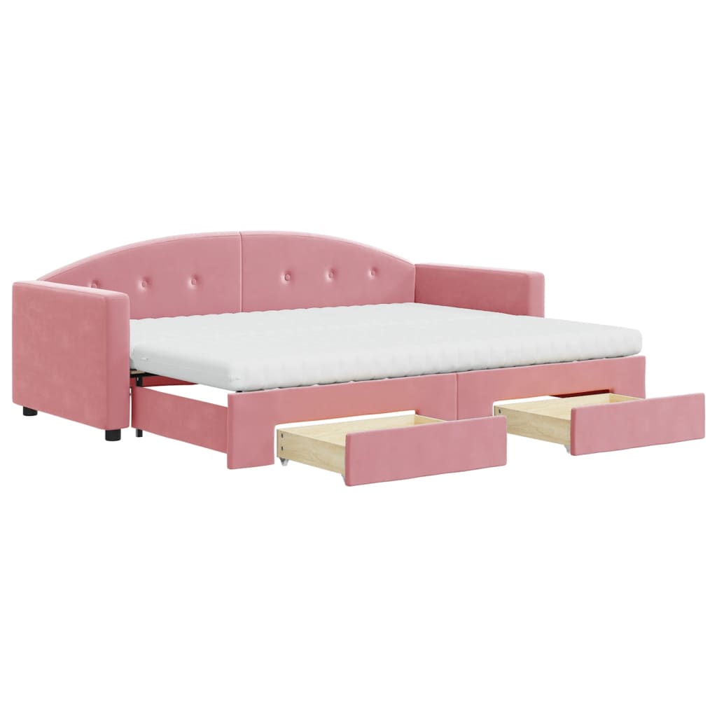 daybed med udtræk og skuffer 80x200 cm velour lyserød
