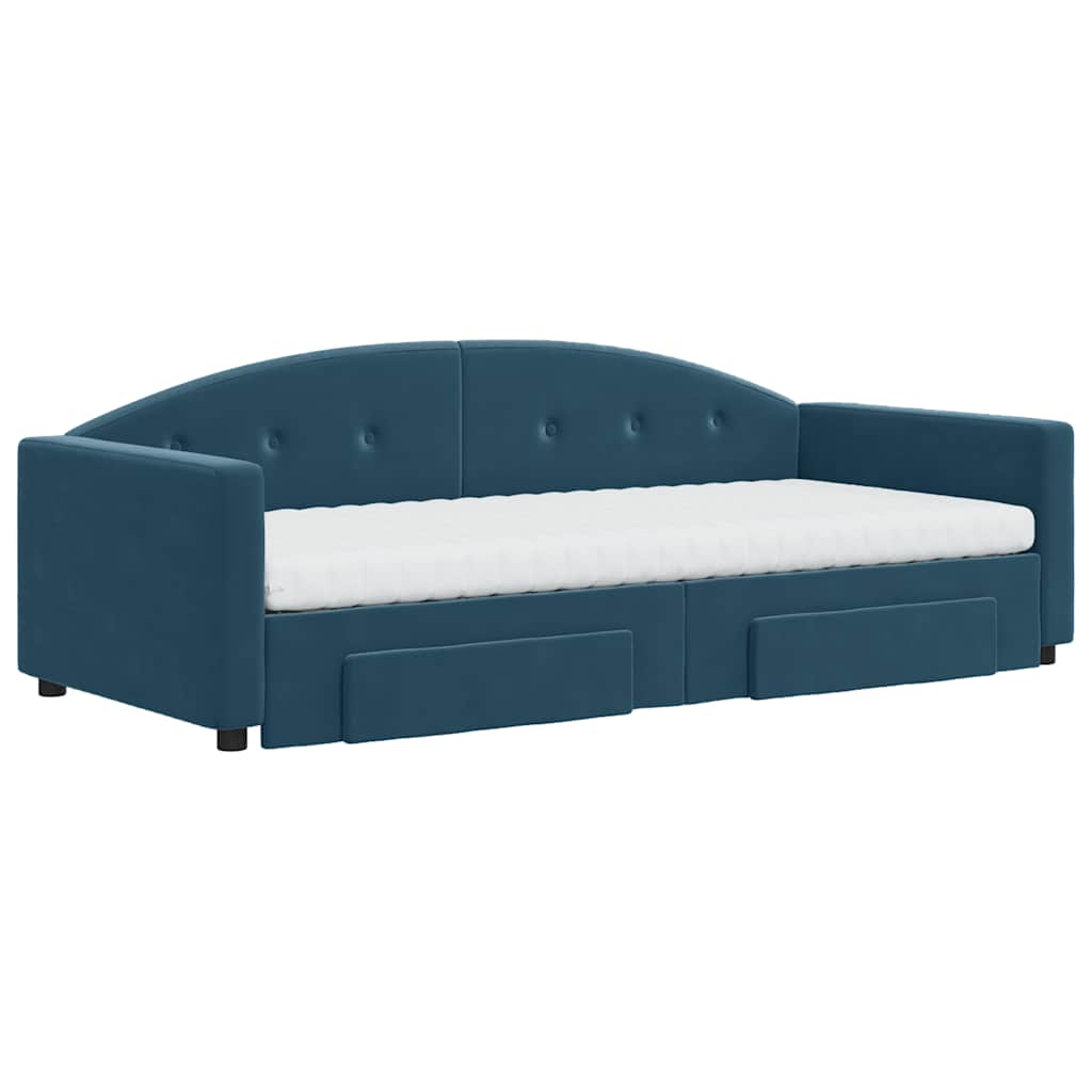 daybed med udtræk og skuffer 90x200 cm velour blå