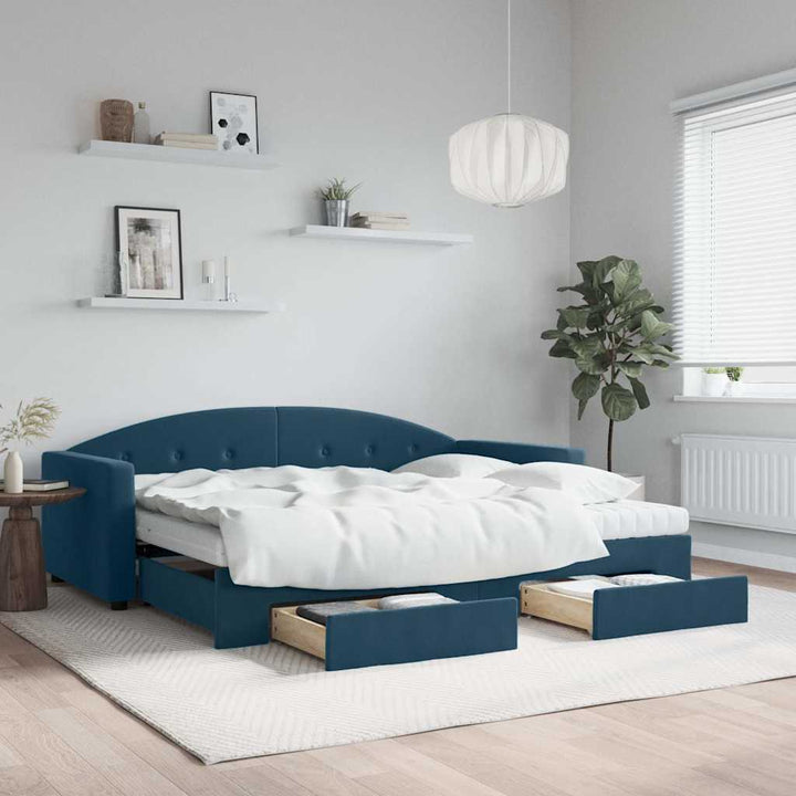 daybed med udtræk og skuffer 90x200 cm velour blå