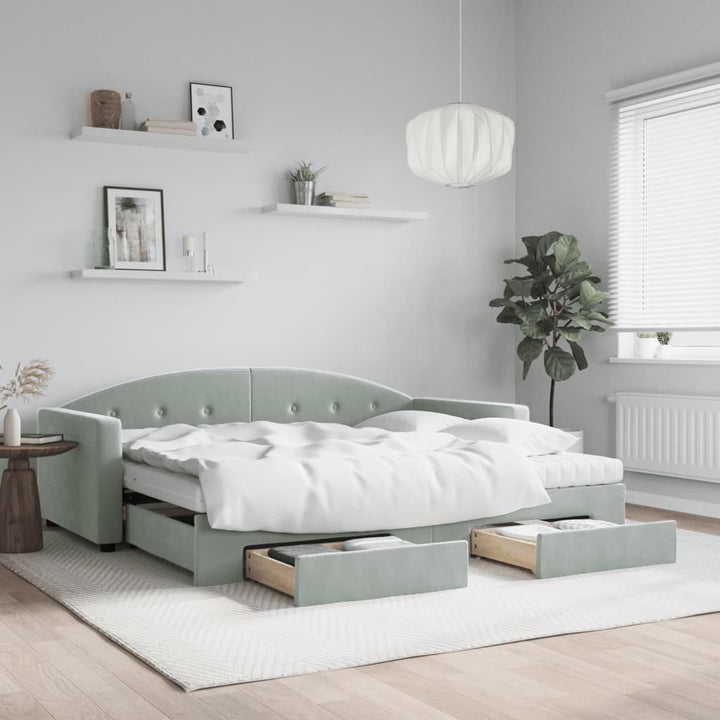 daybed med udtræk og skuffer 90x200 cm velour lysegrå