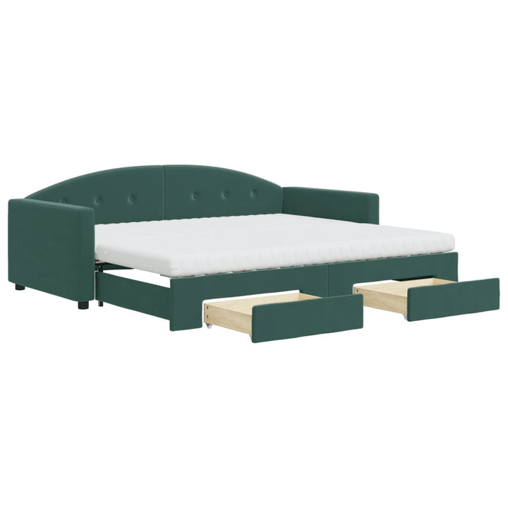 daybed med udtræk og skuffer 90x200 cm velour mørkegrøn