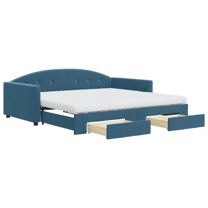 daybed med udtræk og skuffer 100x200 cm velour blå