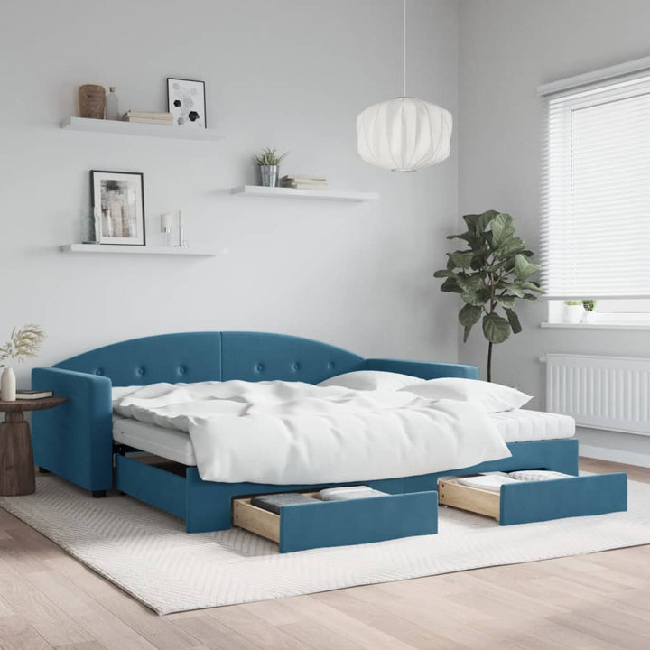 daybed med udtræk og skuffer 100x200 cm velour blå