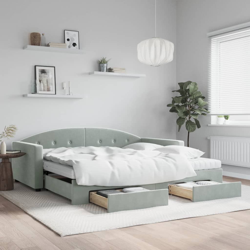 daybed med udtræk og skuffer 100x200 cm velour lysegrå