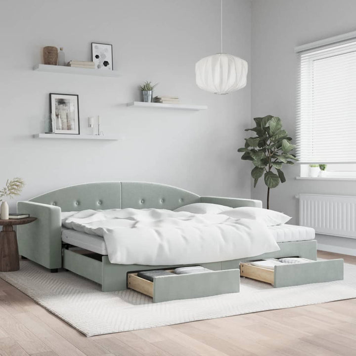 daybed med udtræk og skuffer 100x200 cm velour lysegrå