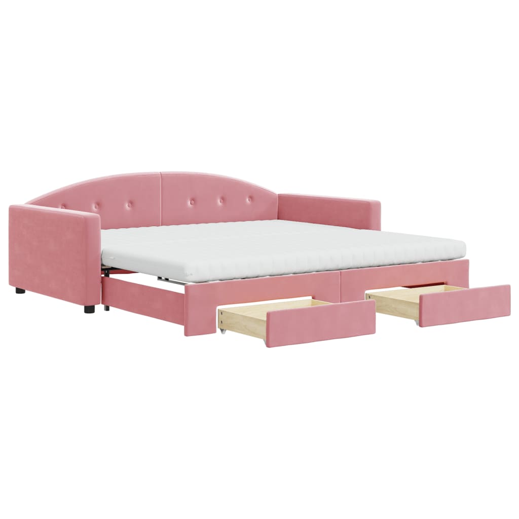 daybed med udtræk og skuffer 100x200 cm velour lyserød