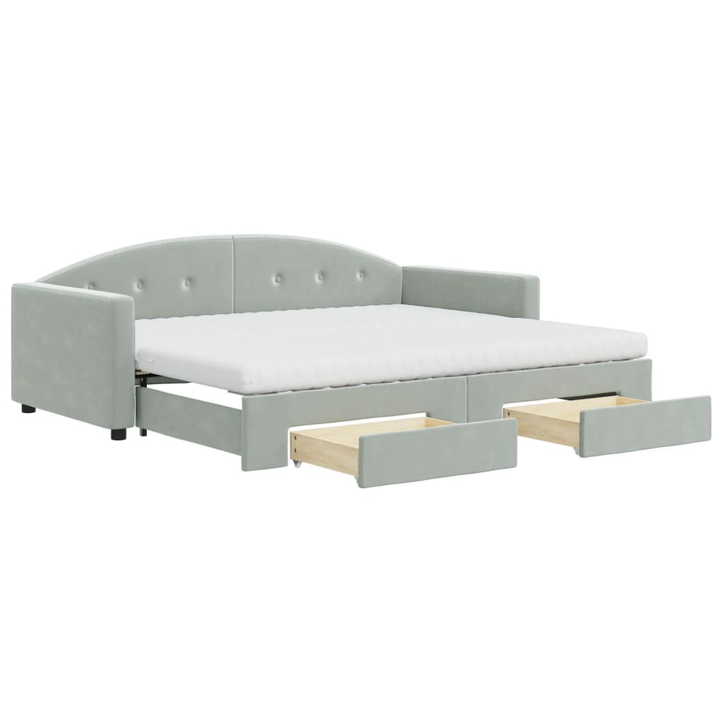 daybed med udtræk og skuffer 90x190 cm velour lysegrå