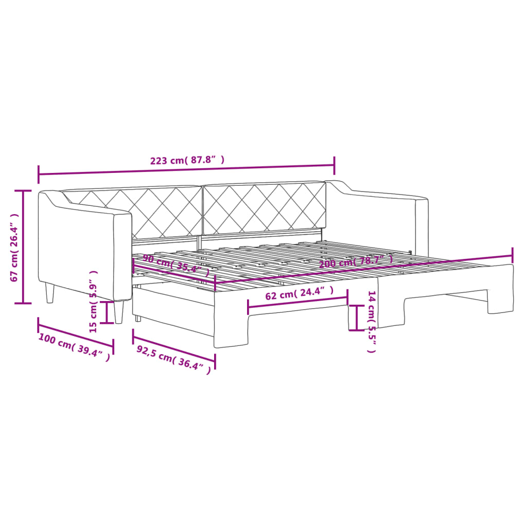 daybed med udtræk 90x200 cm stof sort