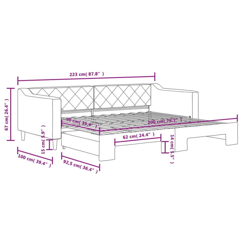 daybed med udtræk 90x200 cm stof cremefarvet