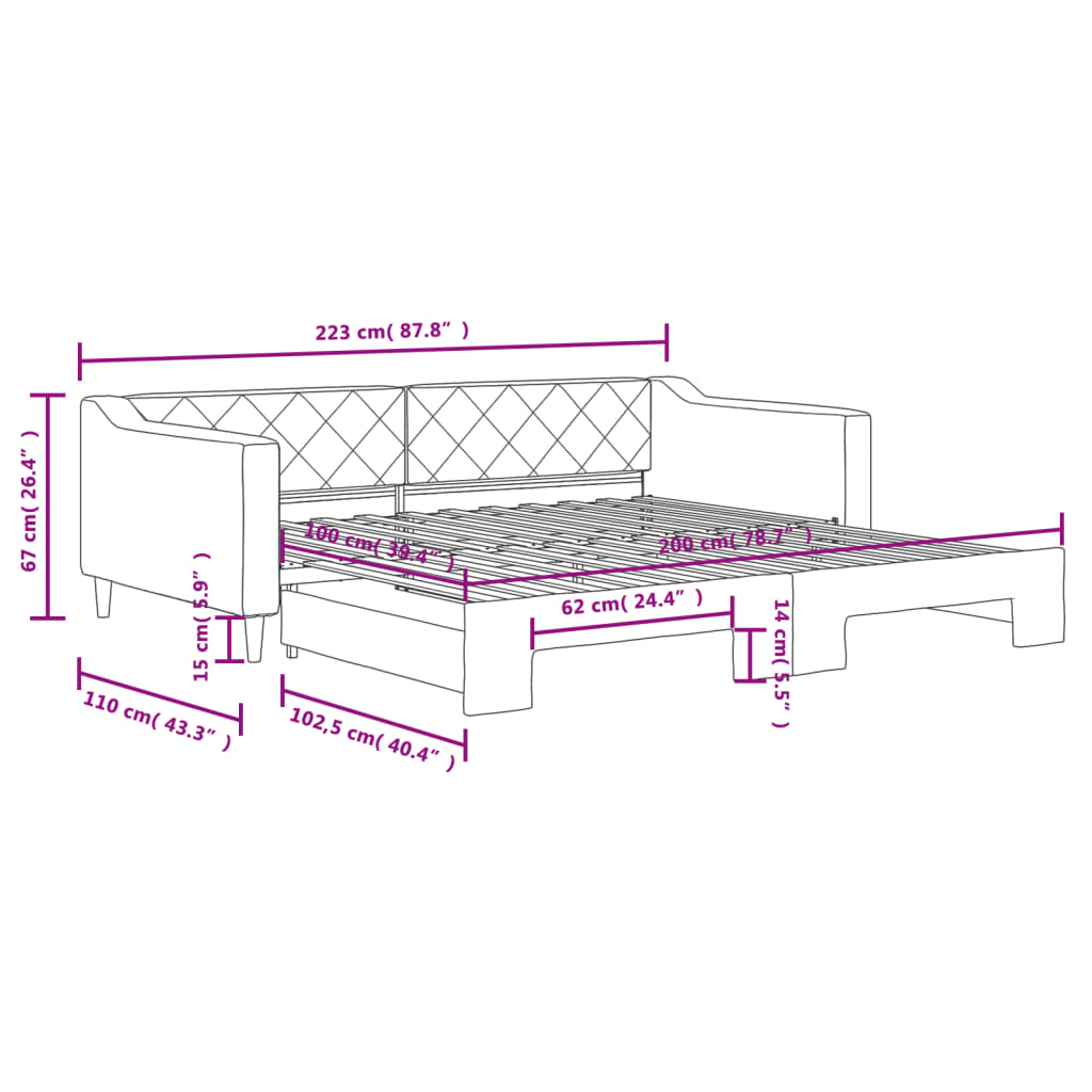 daybed med udtræk 100x200 cm stof lysegrå