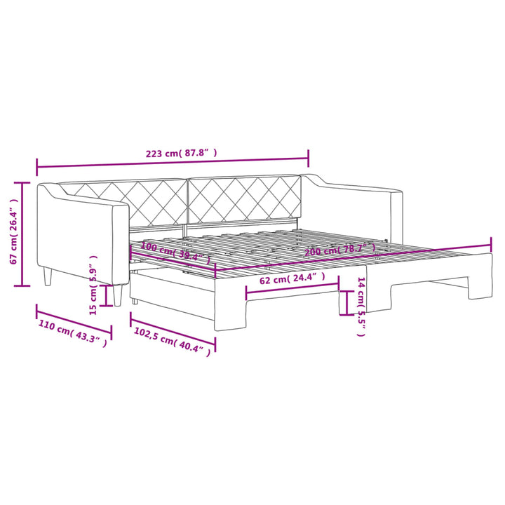 daybed med udtræk 100x200 cm stof lysegrå