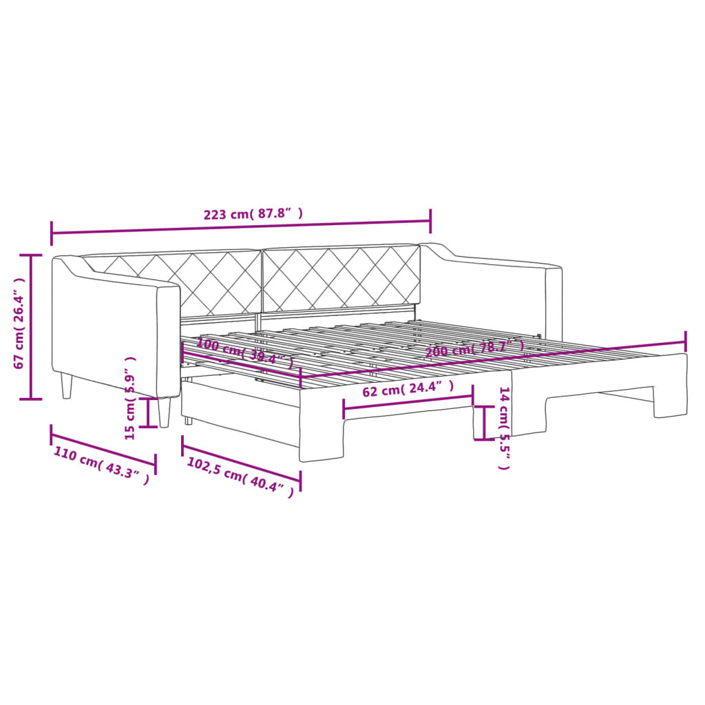 daybed med udtræk 100x200 cm stof mørkegrå