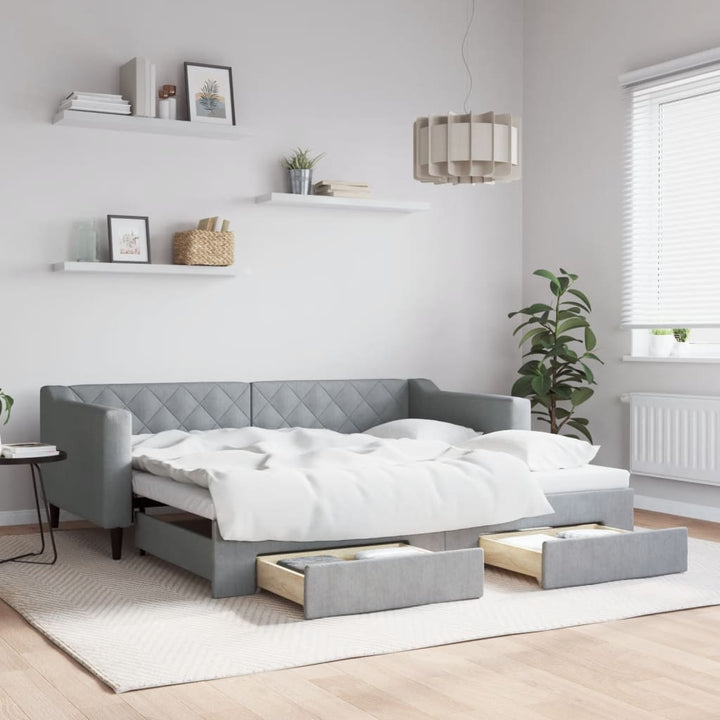 daybed med udtræk og skuffer 90x190 cm stof lysegrå