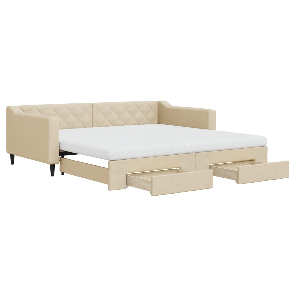 daybed med udtræk og skuffer 100x200 cm stof cremefarvet