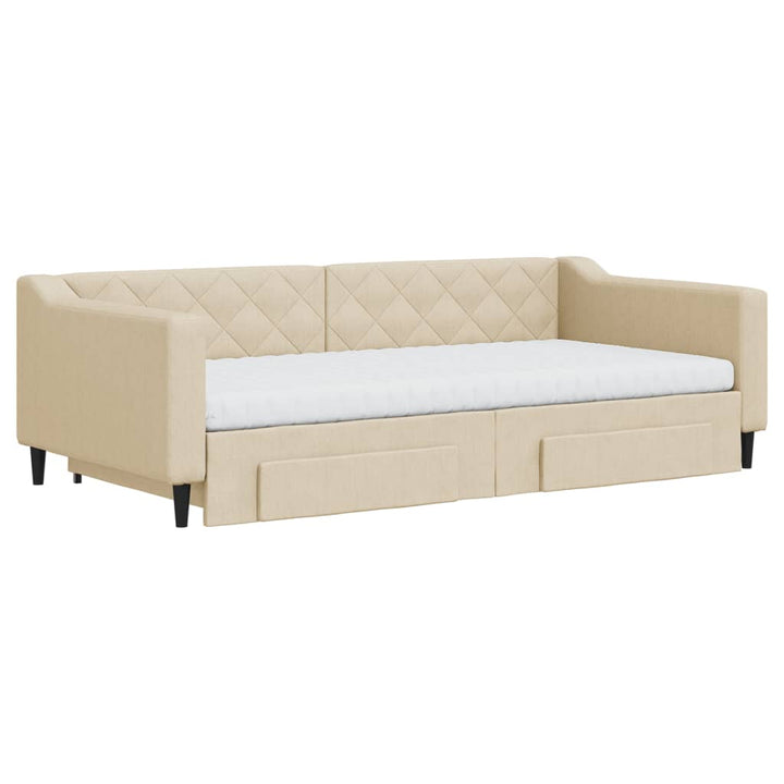 daybed med udtræk og skuffer 100x200 cm stof cremefarvet