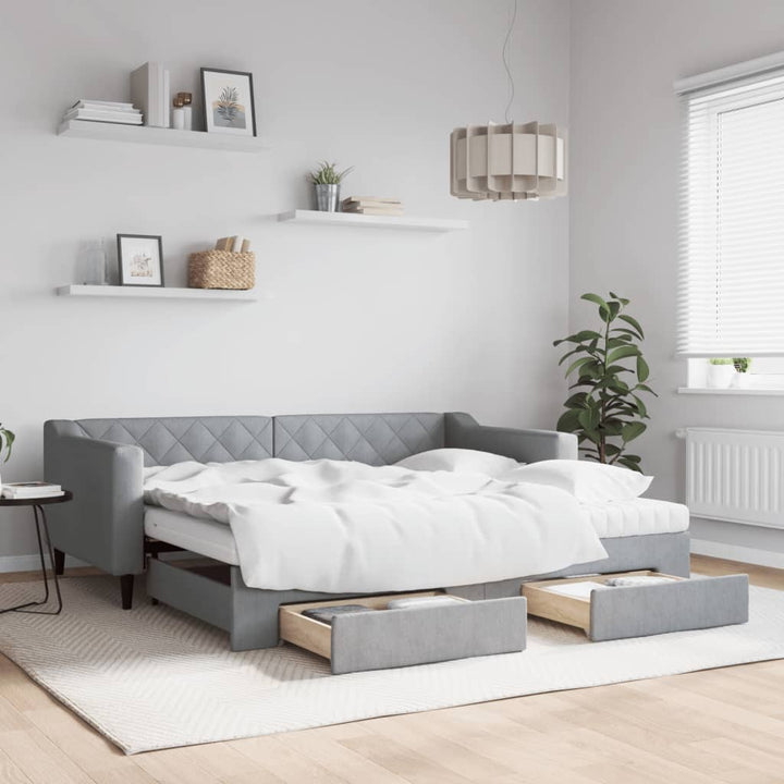daybed med udtræk og skuffer 90x190 cm stof lysegrå