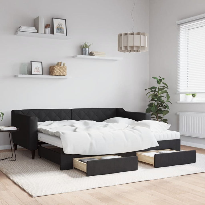 daybed med udtræk og skuffer 90x190 cm stof sort