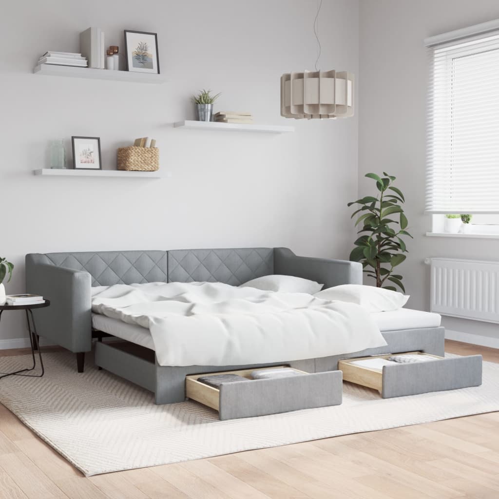daybed med udtræk og skuffer 100x190 cm stof lysegrå
