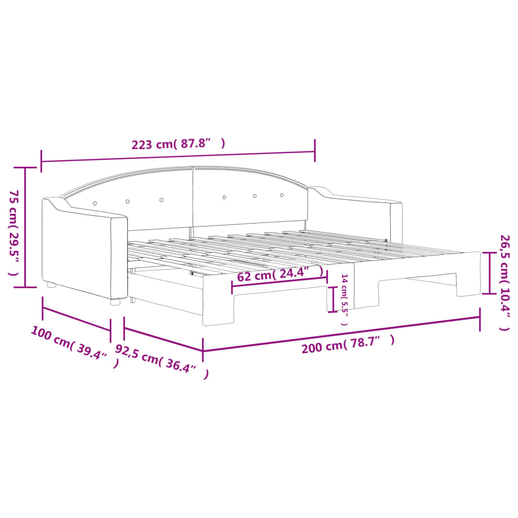 daybed med udtræk 90x200 cm stof sort