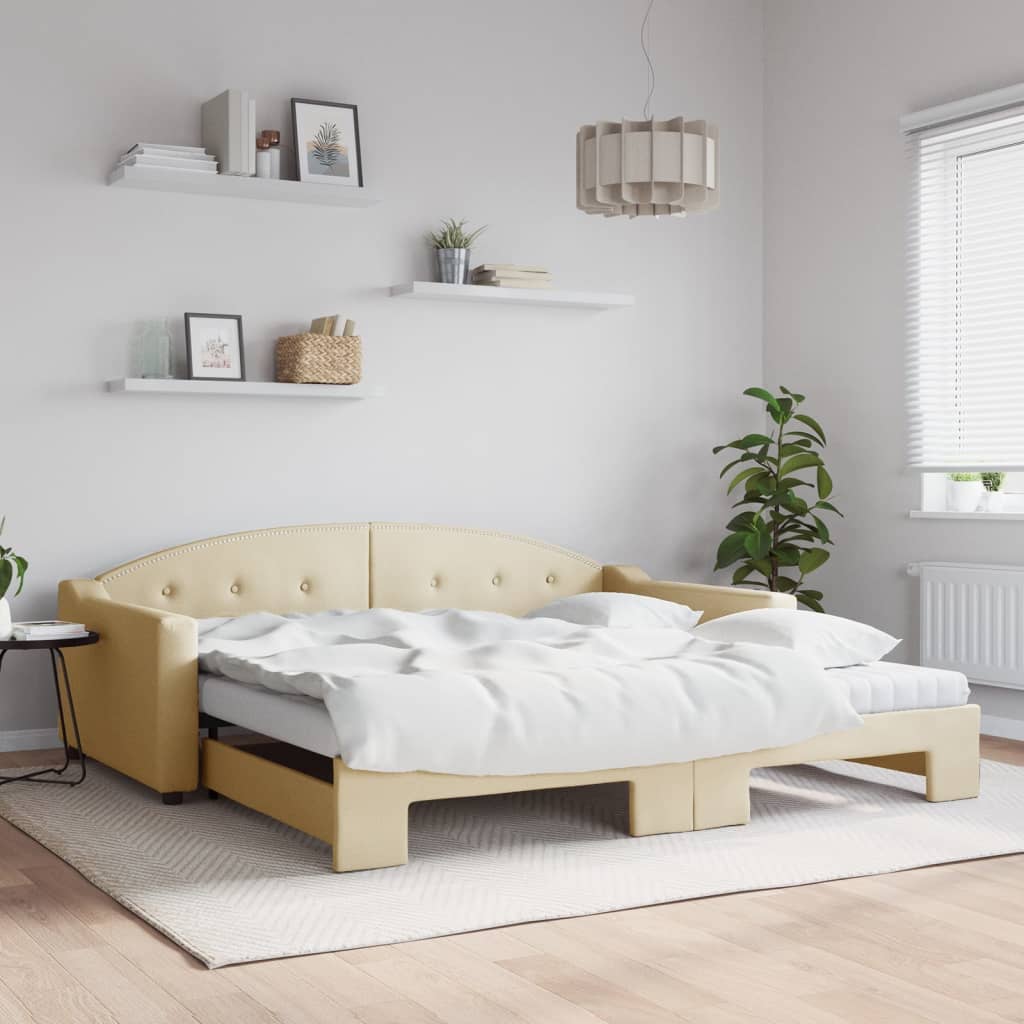 daybed med udtræk og madras 100x200 cm stof cremefarvet