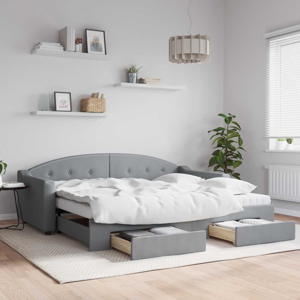 daybed med udtræk og skuffer 90x200 cm stof lysegrå