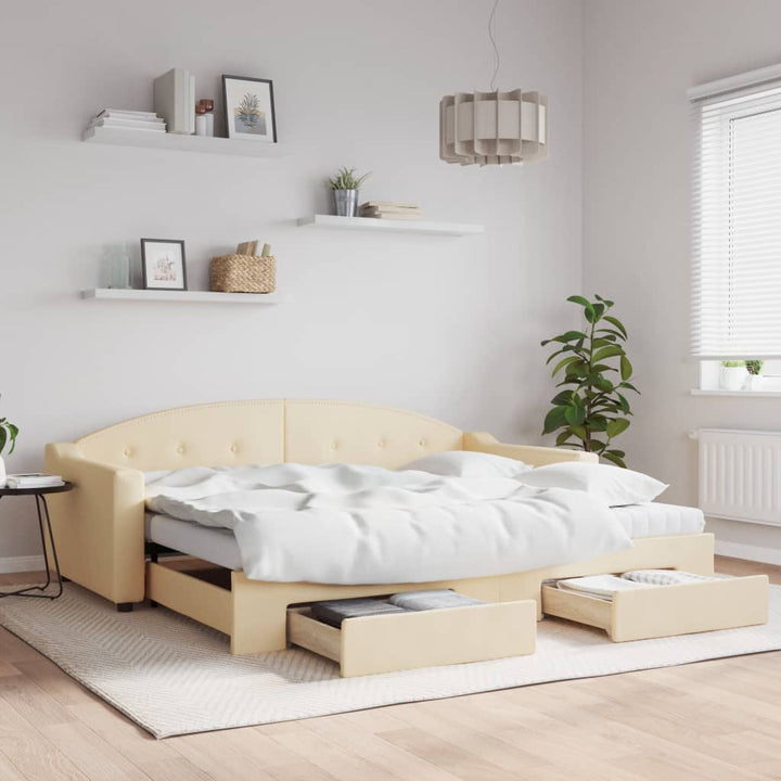 daybed med udtræk og skuffer 90x200 cm stof cremefarvet