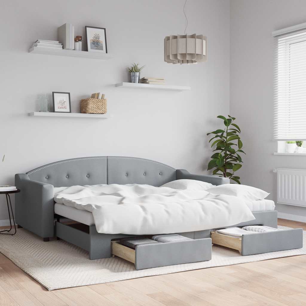 daybed med udtræk og skuffer 100x190 cm stof lysegrå