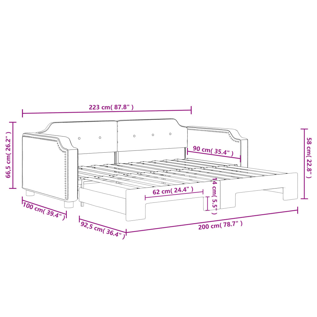daybed med udtræk 90x200 cm stof sort