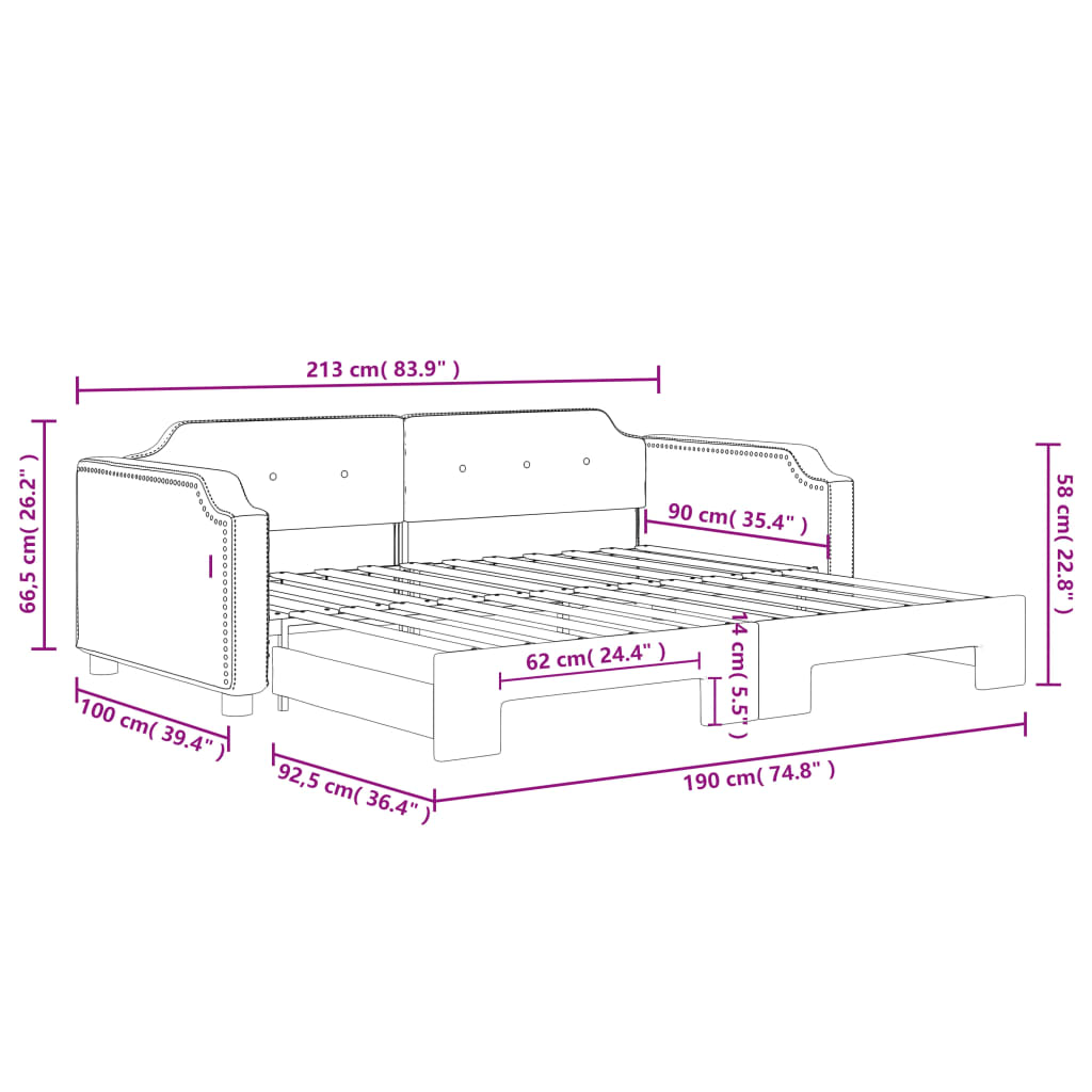 daybed med udtræk 90x190 cm stof sort