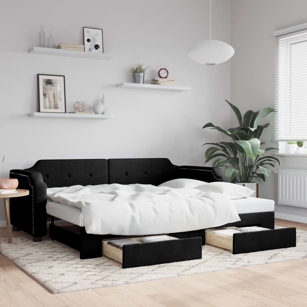 daybed med udtræk og skuffer 80x200 cm stof sort