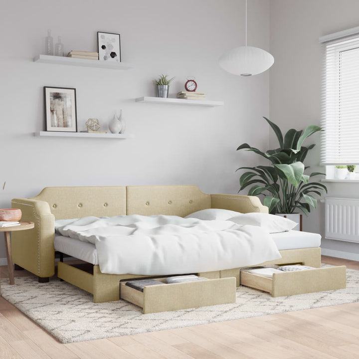 daybed med udtræk og skuffer 90x200 cm stof cremefarvet
