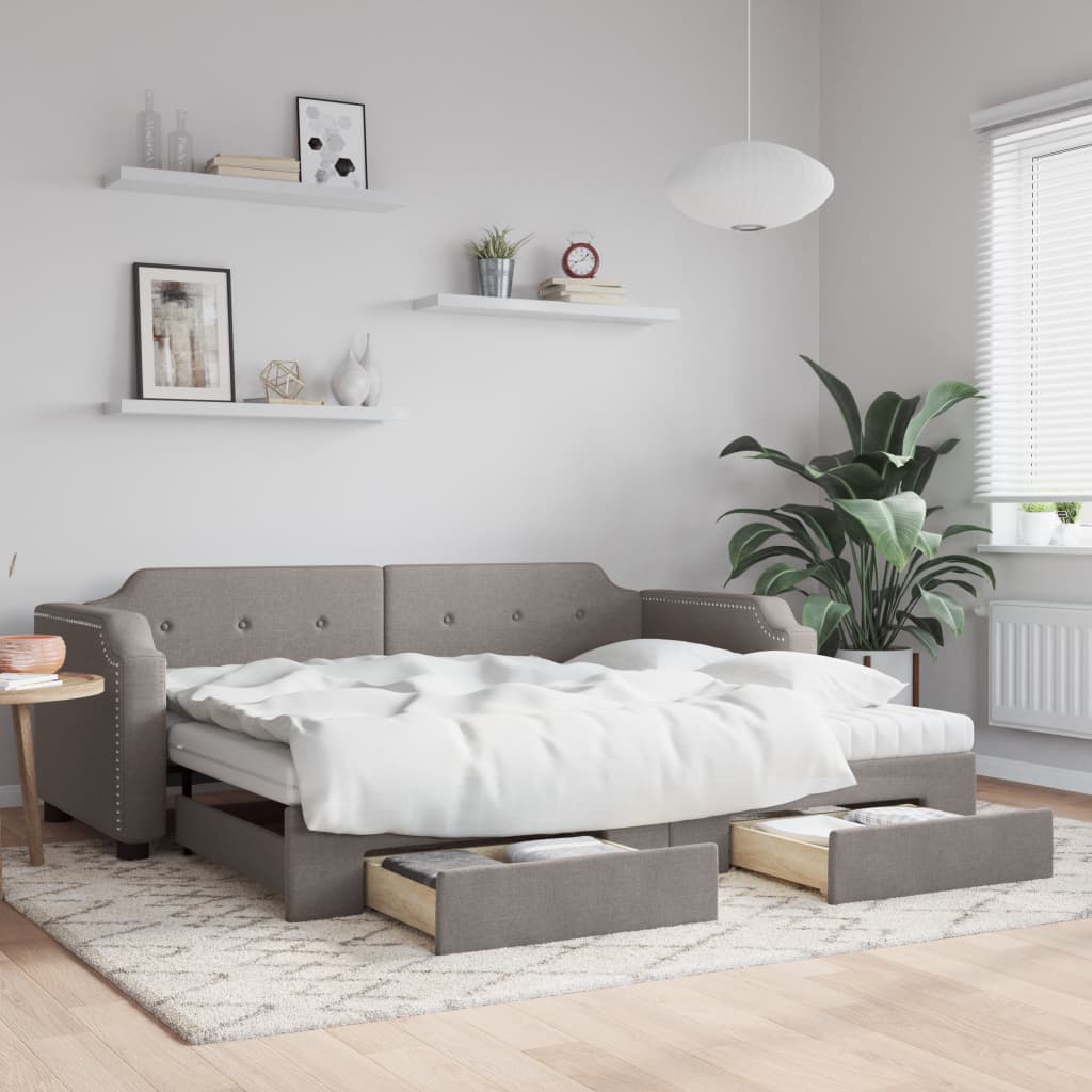 daybed med udtræk og skuffer 90x200 cm stof gråbrun