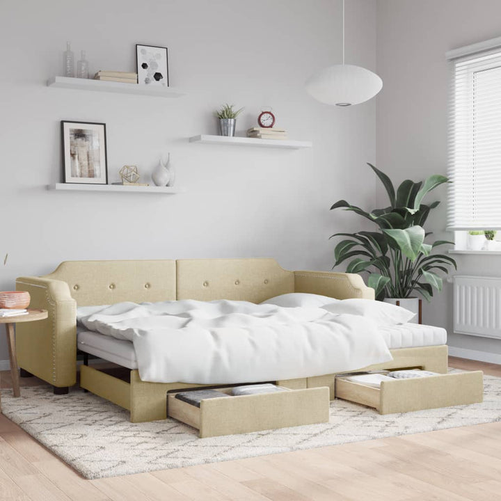 daybed med udtræk og skuffer 90x200 cm stof cremefarvet